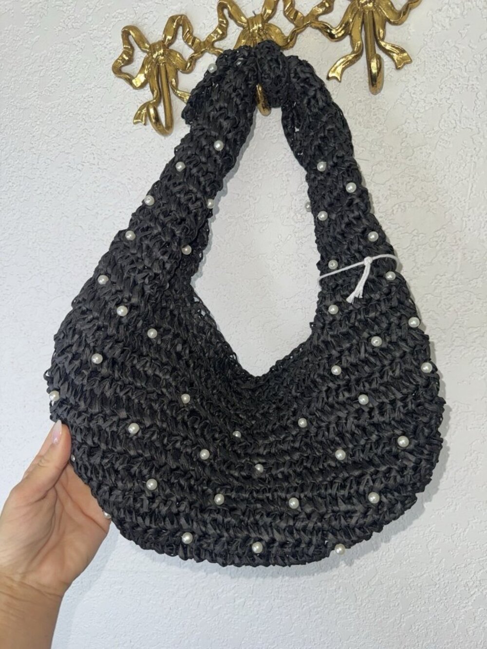 Haute Hippie Style Straw Woven Pearl Beaded Shoulder Bag Black Zip Closure NEW - Picture 3 of 5